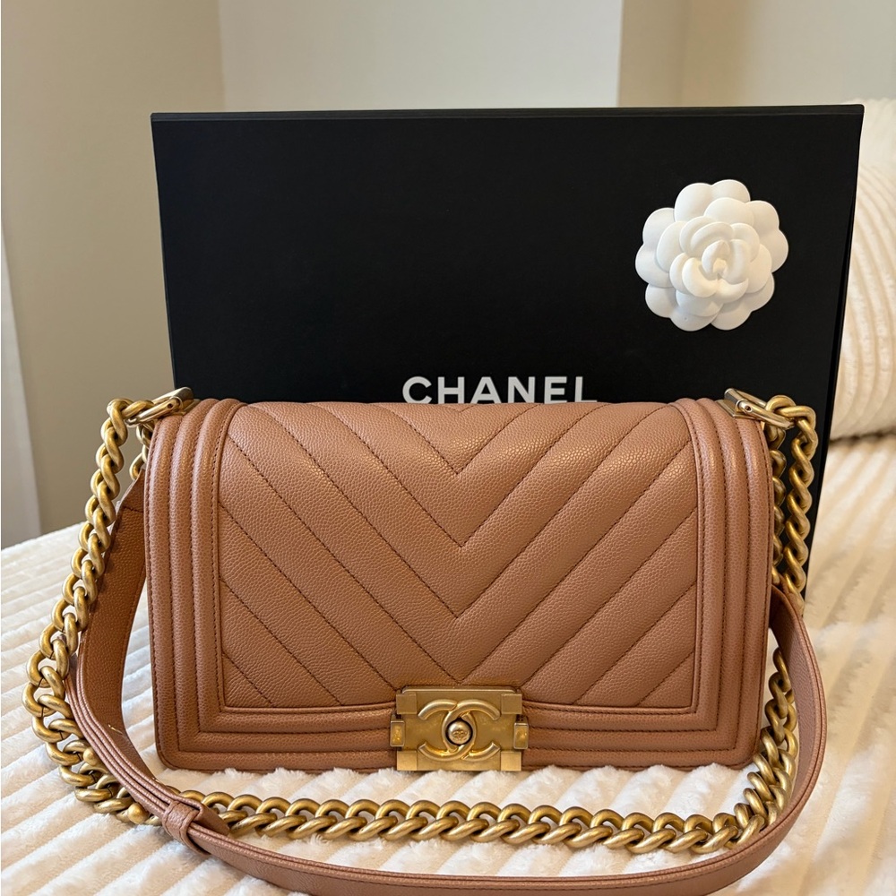 CHANEL Tan Chevron Quilted Boy Bag with Gold Hardware